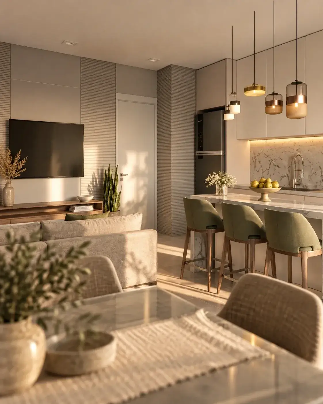 Sala integrada à cozinha com ilha, em um projeto ZR3