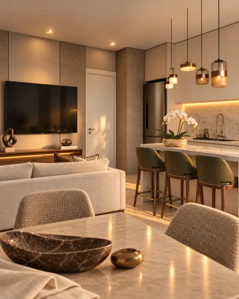Sala integrada à cozinha com ilha, em um projeto ZR3
