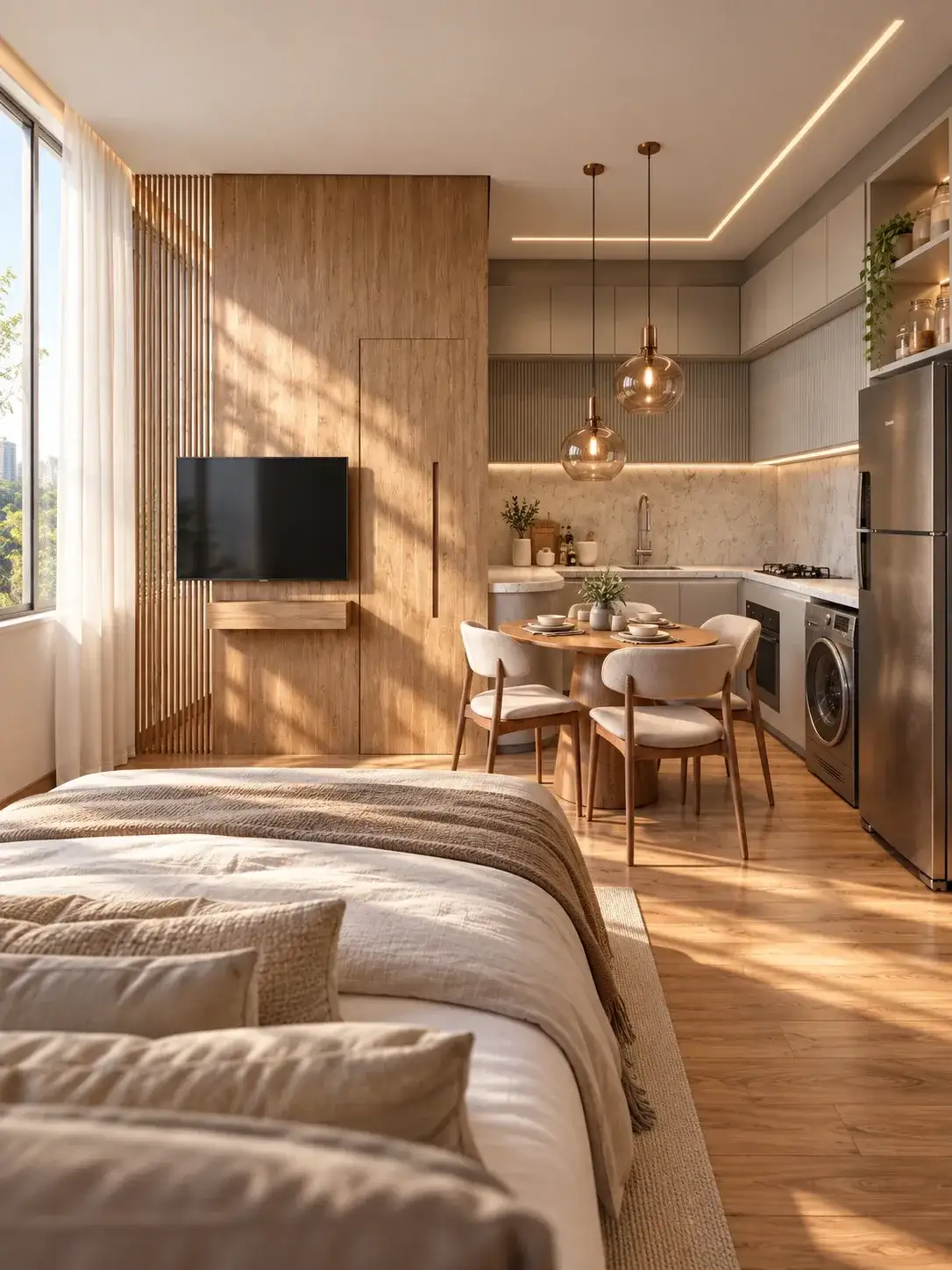 Studio do Artus com cama, sala de jantar e cozinha integradas